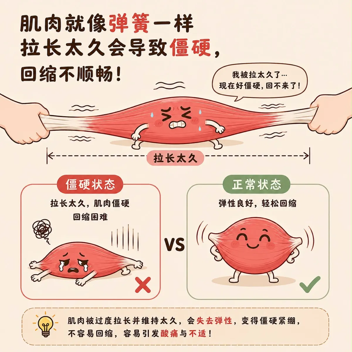 插图说明:肌肉像弹簧一样,拉长太久会导致僵硬、回缩不顺畅
